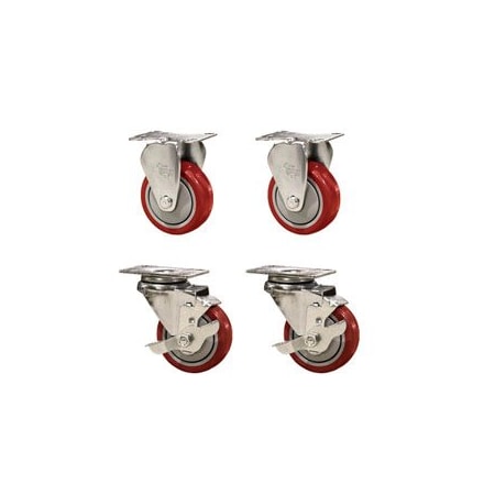 Service Caster 3 Inch Red Polyurethane Swivel Top Plate Caster Set with 2 Brakes 2 Rigid SCC SCC-20S314-PPUB-RED-TLB-2-R314-2