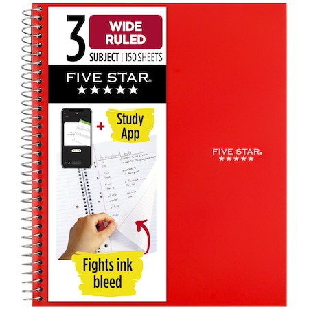 Five Star Spiral Notebook Plus Study App, 3 Sub, W 07112