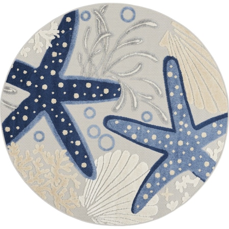 Homeroots 4' Navy Blue And Gray Round Starfish Indoor Outdoor Area Rug 546818