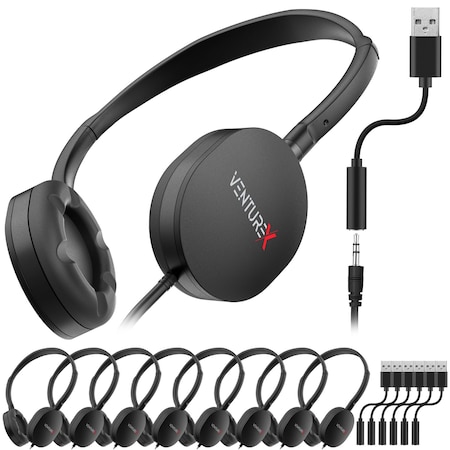 Venturex Stereo Kids Learning Phone & Computer Headphone, 3.5mm & USB-A Adapter, Black, 50PK K22