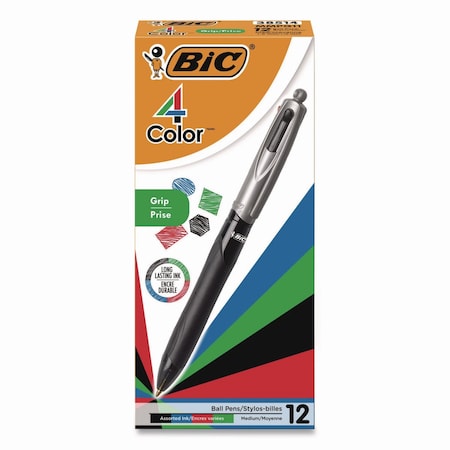 Bic Four-Color Pro Grip Multi-Color Ballpoint Pen, Retractable, Med 1 mm, Black/Blue/Green/Red Ink, 12PK MMPG11-AST