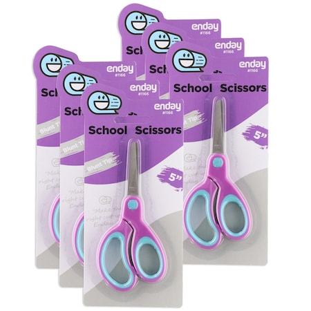 Enday Soft Grip School Scissors, 5", Round Tip, Purple, 6PK 1166-6