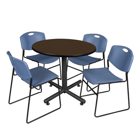 Regency Round Kobe Breakroom Table W/ 4 Zeng Stack Chairs, 36 in W, 36 in L, Neo Walnut TKB36RNDNW44BE