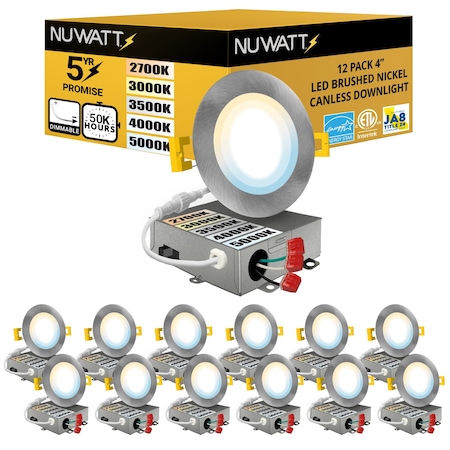 Nuwatt 4 Inch Brushed Nickel Canless Recessed Lighting LED Wafer Lights, 5CCT 2700K-5000K, 630LM, 12PK NW-P-DL-4-9W-5CT-BN-12P