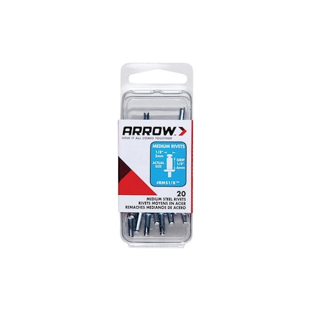 Arrow Pop Rivet, Medium, 1/4 in L, Steel Silver, 20PK RMS1/8