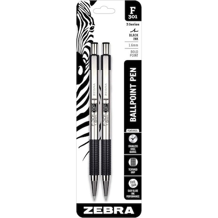 Zebra Pen F-301 Bold Retractable Ballpoint 1.6mm Black 2pk 27312