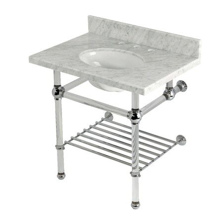 Kingston Brass 30-Inch Carrara Marble Console Sink with Acrylic Legs and Shelf, 8-Inch, 3-Hole KVPB3030MAB1
