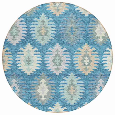 Homeroots 8' Teal Blue Ivory And Gray Round Southwestern Washable Indoor Outdoor Area Rug 615178