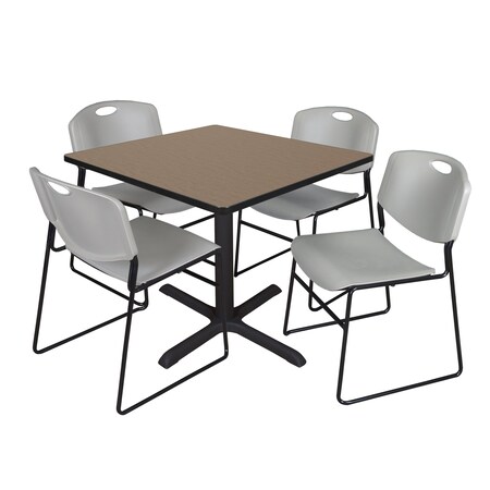 Regency Square Cain Breakroom Table W/ 4 Zeng Stack Chairs, 36 in W, 36 in L, Noble Oak TB3636NO44GY