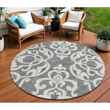 Homeroots 8' Gray And Ivory Round Damask Washable Indoor Outdoor Area Rug 614433