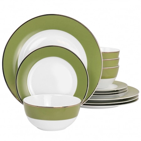Martha Stewart Gold Rimmed 12 Piece Fine Ceramic Dinnerware Set in Green 97243.12