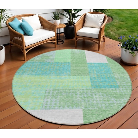 Homeroots 8' Sage Mint Green Teal Blue And Ivory Round Geometric Washable Indoor Outdoor Area Rug 612384