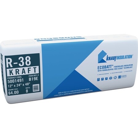 Knauf R-38 24''x48'' Kraft Faced Batt Fiberglass Insulation, 8 Count B19E