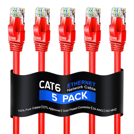 Maximm 1.5ft Cat6 Pure Copper UTP Ethernet Cable, 5PK, Red, 5PK CAT6123