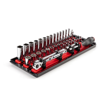 Tekton 1/4 Inch Drive 12-Point Socket and Ratchet Set with Rails and Tray, 35-Piece 4-15 mm SKT03202
