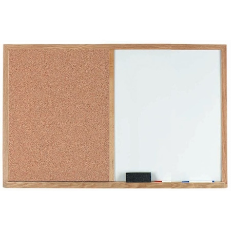 Aarco Wood Frame Combination Board Bulletin Board Next to a Melamine Marker Board, 24''Hx36''W WCO2436