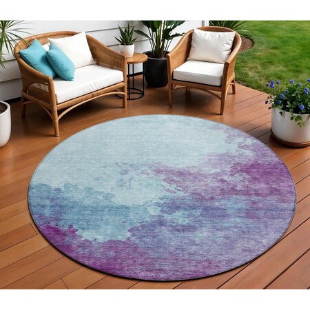 Homeroots 8' Sky Blue And Purple Round Abstract Washable Indoor Outdoor Area Rug 604841