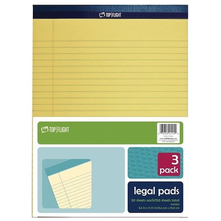 Top Flight N 11 Series Legal Pad, 11-3/4 in L x 8-1/2 in W Sheet, 50-Sheet, Canary Yellow Sheet 4513094