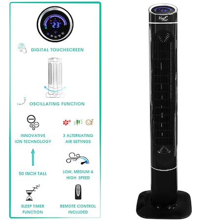 Vie Air 50 Inch Digital 3 Speed High Velocity Tower Fan with Ionizer and Remote Control in Black VA-50TF