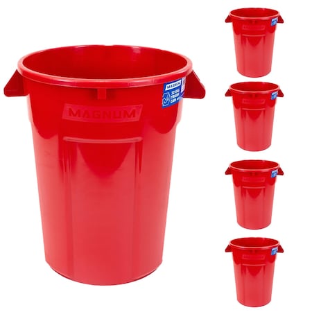 Magnum Tool 32 Gallon Trash Can, High-Vis Red, Construction Grade, Heavy Duty Plastic (5 Pack) CMTC-C000-32R05