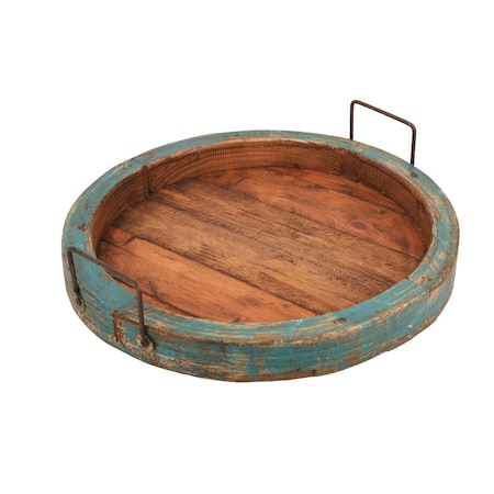 Homeroots 15in Natural And Turquoise Solid Wood Handmade Round Serving Tray With Handles 724231