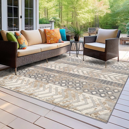 World Rug Gallery Distressed Geometric Indoor/Outdoor Area Rug 6 ft 6 in x 6 ft 6 in Square Beige 8019BEIGE6SQ