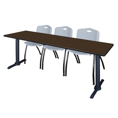 Regency Cain T-Base Training Seminar Table W/ 3 M Stack Chairs, 84 in W, 24 in L, Neo Walnut MTRCT8424NW47GY