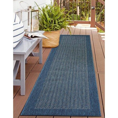 World Rug Gallery Contemporary Bordered Weather Resistant Reversible Indoor/Outdoor Rug 2 ft x 7 ft Blue WR111BLUE2X7