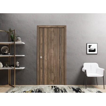 Sartodoors Sliding Closet Bi-fold Doors, Planum 0016 Walnut and Aluminum Strips, Sturdy Tracks Moldings Trims PLANUM0016BF-WLN-4884
