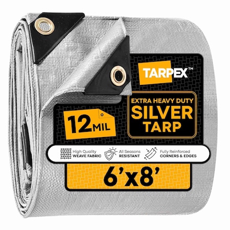 Tarpex Extra Heavy Duty Tarp, 6 ft x 8 ft, 12 Mil, Silver, Polyethylene STHD-TA-68