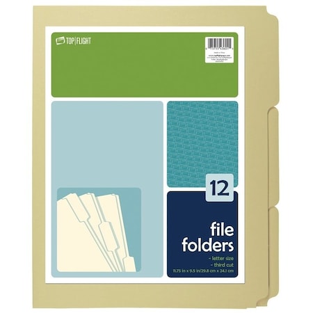 Top Flight File Folder, 12 x 9-1/2 in Sheet, 12 Sheet, Plain Tab 4611415