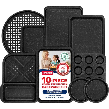 Bakken- Swiss BAKKEN 10-Piece Nonstick Bakeware Set, Carbon Steel, Stackable, PFOA-Free, Oven Safe, 450 DegF BK10SGRY00