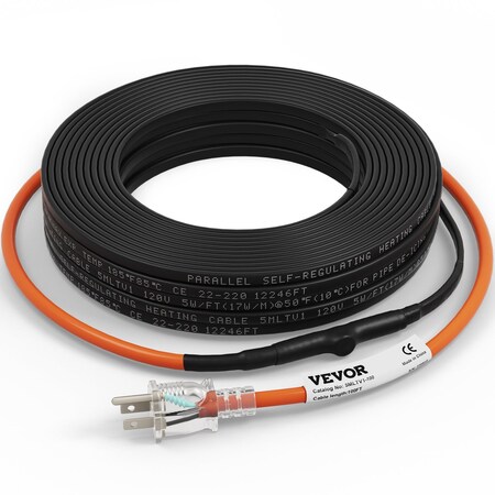 Vevor Self-Regulating Pipe Heating Cable 5W/ft w/ Built-in Thermostat 100 Feet 5MLTV1-100