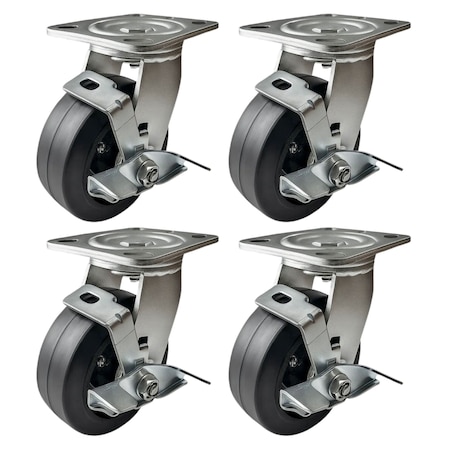 Hyw Products Heavy Duty Caster Set 5in Rubber on Cast Iron Wheels, 4 Swivel with Brake, 4PK 40-50S-A1-RC-TB-4