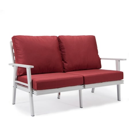 Leisuremod Walbrooke Modern Outdoor Patio Loveseat with White Aluminum Frame and Removable Cushions, Red WW-57-27R