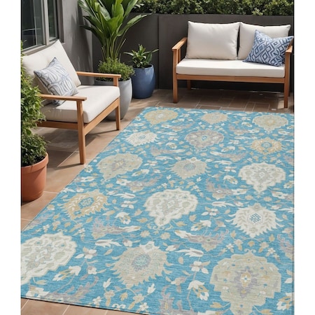 Homeroots 5' X 8' Teal Blue Gray And Ivory Damask Washable Indoor Outdoor Area Rug 599455