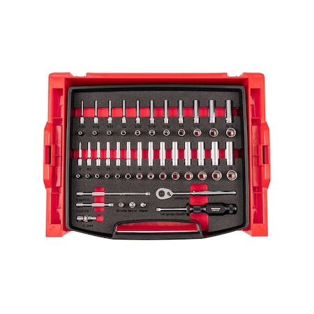Tekton 58pc 1/4 In Dr 12pt Socket and Ratchet Set with Open Top Drawer and Rack 5/32-9/16 in., 4-15 mm OLB94304