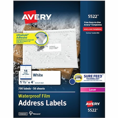 Avery White Weatherproof Laser Shipping Labels, 1-1/3 x 4, 700/Pack 5522