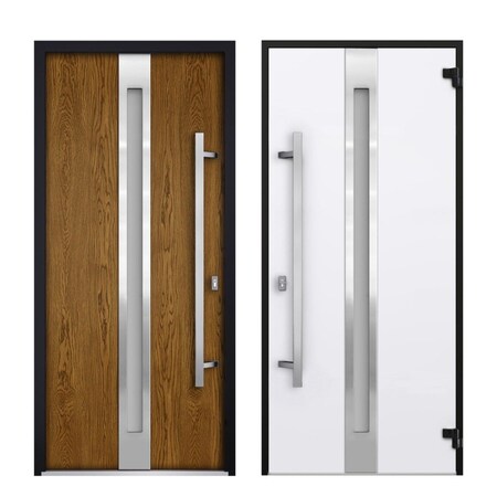 Vdomdoors Steel Door Deux 1744 Natural Oak 2 Sidelight Exterior Black Windows Stainless Inserts Single Modern DEUX1744EXD-OAKB-W16+36+16xH80-LH-O