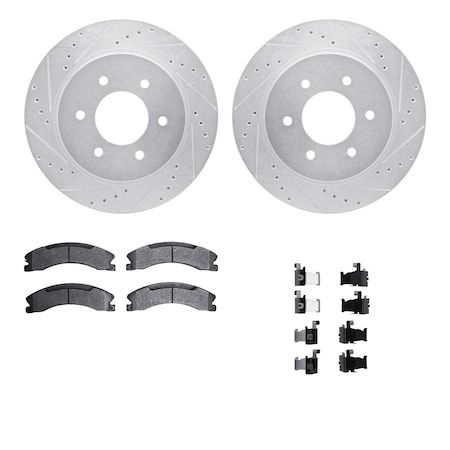 Dynamic Friction Co DFC Brake Rotor - Drilled & Slotted - Silver- Heavy Duty Brake Pad includes Hardware 7412-67008