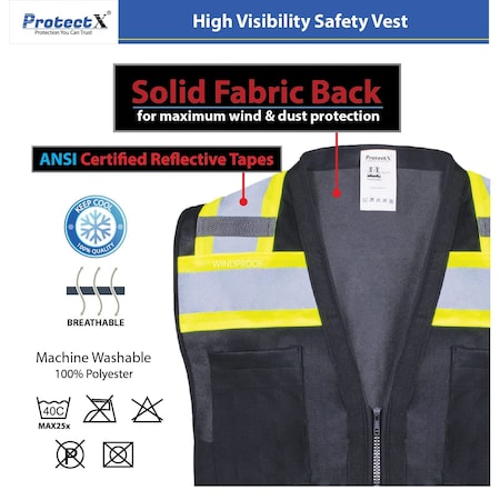 Protectx Hi-Vis Solid Safety Vests, 6 Pockets, Zip Front, Reflective Tape, Black, 3PK SV-120SS4-BKBK03-M