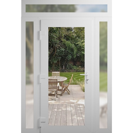 Vdomdoors Front Exterior Prehung Metal-Plastic Door Clear Glass / MANUX 8666 White Silk / Office Commercial a MANUX8666EXD-WS-W12+36+12xH80+16-RH-I
