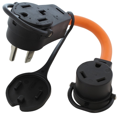 Ac Works Piggy-Back Adapter Cord, NEMA 14-30P/14-30R to TT-30R, 1 ft, 30A, 125V, STW 10/3, RV Use PB1430TT