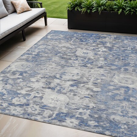 Homeroots 5' X 8' Blue And Denim Blue Floral Washable Indoor Outdoor Area Rug 609529