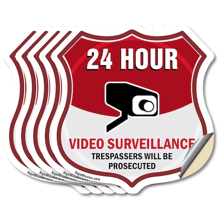 Signmission 24 Hour Surveillance Shield Sign Video S, 6 inch X 6 inch, Vinyl Decal, 5PK SHI-D-5PACK-6-348