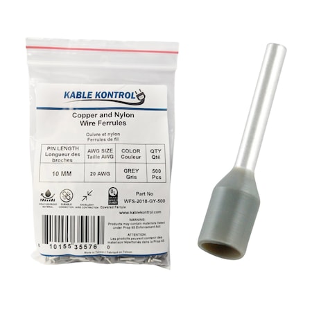 Kable Kontrol Wire Ferrules, Nylon Insulated, Single, 20-18 AWG, Pin Size 10 mm, Gray, 500 Pcs, 500PK WFS-2018-GY-500