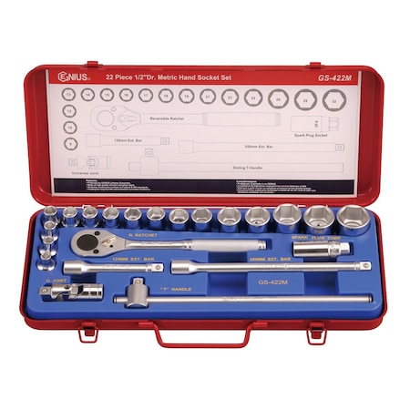 Genius Tools 22PC 1/2in Dr. Metric Hand Socket Set GS-422M