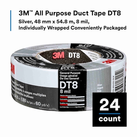3M Duct Tape, 1 7/8 in Wd, 60 yd Lg, 8 mil Thick, Silver, Polyethylene Coated Cloth DT8