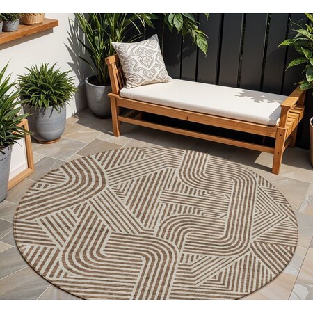 Homeroots 8' Brown And Beige Round Abstract Washable Indoor Outdoor Area Rug 594913