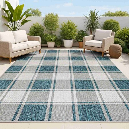 Jonathan Y Sabine Traditional Farmhouse Bold Gingham Turquoise/Cream 5 ft. x 8 ft. Indoor/Outdoor Area Rug TSN203E-5